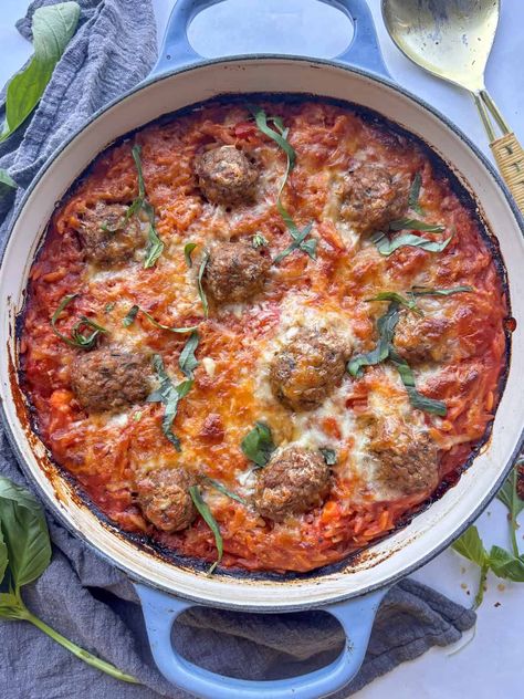 Cheesy Baked Orzo with Veggie Meatballs One Pan Meatballs, Meatball Orzo, Baked Orzo, Creamy White Beans, Orzo Dishes, Cheesy Pasta Recipes, Butter Beans Recipe, Veggie Meatballs, White Bean Recipes