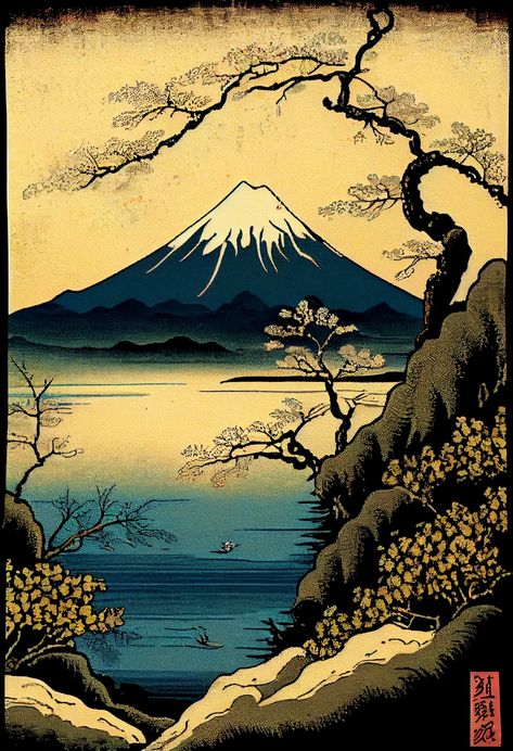 Japanese Nature Drawing, Mount Fuji Art, Vintage Pop Art Wallpaper, Mount Fuji Drawing, Fuji Mountain Illustration, Fuji Mountain Painting, Japanese Mountain Art, Japanese Art Drawing, Kawaguchi Lake