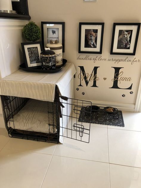 By using a crate  these dogs will have a safe space where they can be left to relax and not cause any trouble. The crate acts as their own personal safe space and they feel "safe" in it. Pets Wallpaper, Bed Corner, Dog Room Decor, Dog Bedroom, Animals Jokes, California Room, Puppy Room, Dog Corner, Dog Room