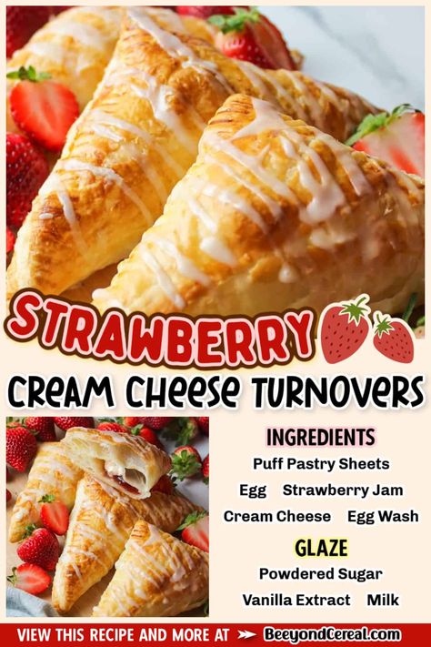 With just strawberry jam, cream cheese, and puff pastry you to can make a tasty strawberry cream cheese turnover that's perfect for brunch! A simple glaze on top makes these treats irresistible and you won't be able to wait to sink your teeth into these tasty breakfast pastries. Strawberry Cream Cheese Puff Pastry, Cream Cheese Turnovers, Cheese And Puff Pastry, Strawberry Turnovers, Cheese Turnovers, Sugar Free Strawberry Jam, Cream Cheese Puff Pastry, Puff Pastry Cream Puffs, Cream Cheese Pastry