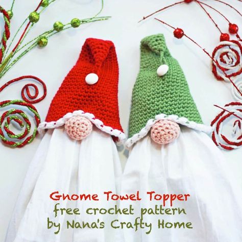 Do you love Gnomes?  This Gnome Towel Topper is absolutely adorable, works up quickly and is a free crochet pattern!  Perfect for gift giving or for craft shows year round.  Make in different colors for year round gift giving to the gnome lover in your life.  #nanascraftyhome #christmas2019 #crochetchristmas #gnomes #crochetgnomes #crochetkitchen Gnome Towel Topper, Gnome Party, Xmas Crochet, Crochet Topper, Crochet Dish Towels, Crochet House, Gnome Crafts, Crochet Towel Topper, Crochet Kitchen Towels