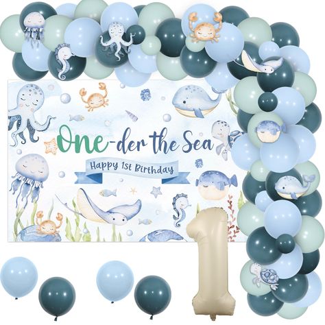 PRICES MAY VARY. Package Includes: You will receive 1 x ocean 1st birthday backdrop, 8 x ocean animal stickers, 50 x latex balloons (12 inches), 15 x latex balloons 5 inches, 1 x number 1 foil balloon(No Helium Supported), which can meet all your demands for boy ocean theme 1st birthday party High Quality: The ocean birthday decorations balloons and number 1 foil balloon are made of high quality latex and foil material, which is durable and reliable, the backdrop is made of premium quality of vi 1st Birthday Sea Theme, Under The Sea Birthday Boy, One Year Old Birthday Party Theme Summer, 1st Bday Themes For Boys Summer, Water First Birthday Party, Shark Themed First Birthday Party, Wonder The Sea First Birthday, One Der The Sea First Birthday Boy, Under The Sea 1st Birthday Boy