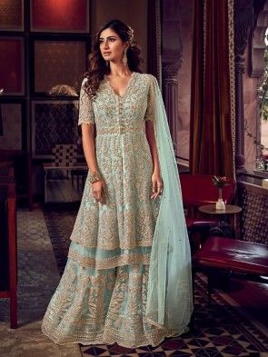 Ladies Salwar Suit - Buy Designer Salwar Suit Online for Wedding Party Blue Sharara Suit, Net Sharara, Plazo Dress, Blue Sharara, Designer Palazzo, Designer Sharara Suits, Aqua Blue Wedding, Blue Wedding Receptions, डिजाइनर कपड़े