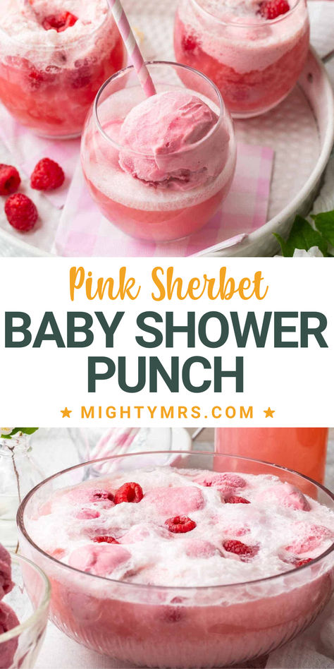 This pink sherbet punch is perfect for any occasion, but is especially pretty for a baby shower. This frothy pink punch made with raspberry sherbet and ginger ale is one of my favorite party beverages! Are you planning an event with pink as the main color? This punch would fit right in. Raspberry Sorbet Punch, Pink Shower Punch, Frozen Pink Lemonade Punch, Pink Sherbet Punch Recipes, Pink Punch For Baby Shower Recipe Easy, Ginger Ale And Sherbert Punch, Strawberry Sherbet Punch, Pink Colored Drinks, Raspberry Sherbet Punch Recipes