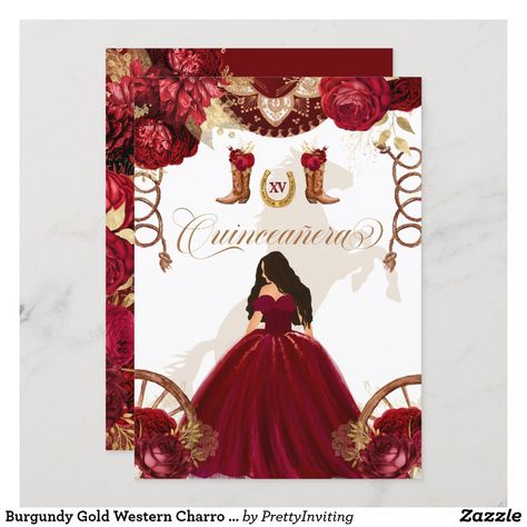 Burgundy Gold Western Charro 2-Sided Quinceanera Invitation Charro Invitations Quinceanera, Western Quinceanera Ideas, Charro Theme, Red Quinceanera Ideas, Charro Quinceanera, Red Quince, Charro Quinceanera Dresses, Quince Invitations, Quinceanera Planning