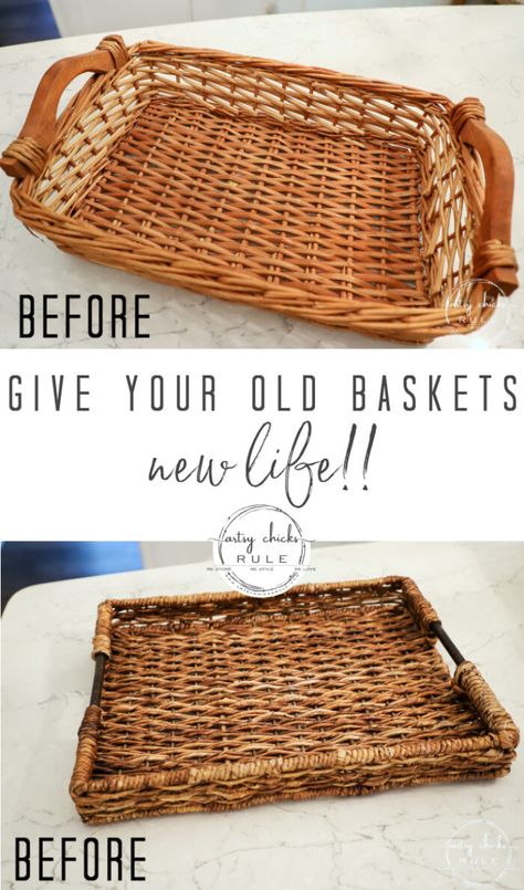 Wicker Basket Makeover, Basket Upcycle, Basket Painting, Painting Baskets, Basket Decor Ideas, Decorate With Baskets, Basket Makeover, Cane Baskets, Thrift Store Diy