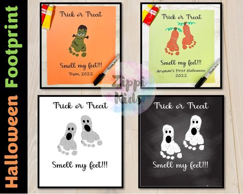 Halloween Activities, Keepsake Art, Halloween Crafts for baby and toddlers, Halloween Greeting Cards and Footprint Art. This Halloween footprint pack has 8 different footprint art templates! This Halloween keepsake art is super easy and simple to make. Just print and add your kids footprint on the templates and Laminate! These footprint would be a perfect to make your Halloween Celebrations extra special. Kids and Parents would simply love this personalized keepsake. This Halloween footprint art Baby Halloween Canvas Art, Halloween Art Projects For Infants, Infant Footprint Halloween Art, Footprint Ghost Craft, Halloween Crafts For Newborns, Witch Footprint Craft, Baby Halloween Footprint Art, Frankenstein Footprint Art, My First Halloween Crafts