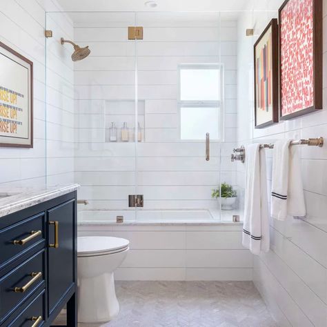 Frameless Hinged Glass Tub Doors, Master Bath Ideas Tub Shower Combo, Small Bathroom Remodel With Tub Tile, Half Bath Into Full Bath, Bath Under Window Layout, Second Bathroom Remodel, Second Bathroom Ideas, Farmhouse Tub Shower Combo, Modern Shower Tub Combo