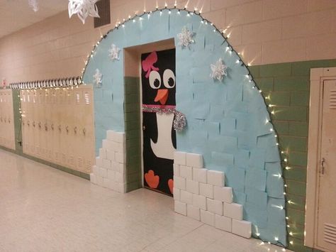 Christmas Wall Classroom, Penguin Igloo Door Decoration, 3d Classroom Christmas Door, Penguin Hallway Decorations, Igloo Classroom Door Ideas, Hallway Winter Decorations School, Penguin Christmas Door Decorations, Antarctica Classroom Decorations, Christmas Door Themes For School