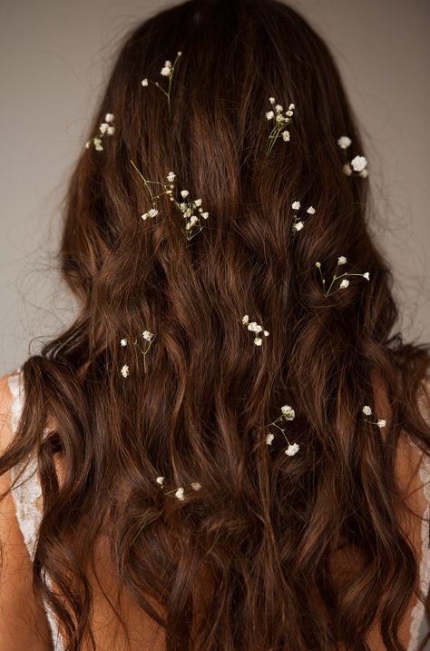 Brides With Long Hair, Hairstyles With Baby Breath Flowers, Babys Breath Hairstyles, Baby’s Breath Hair, Brunette Goddess, Espresso Martinis, Bridal Styling, Allison Argent, Flowers In Her Hair