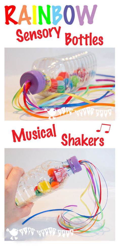 Make a Rainbow Sensory Play Bottle / Musical Shaker, great for all ages. From My Little 3 and Me. Visual Sensory Seeking Activities, Rainbow Sensory Bottles, Musical Shakers, Rainbow Sensory, Homemade Musical Instruments, Music Study, Kids Craft Room, Baby Sensory Play, Preschool Music