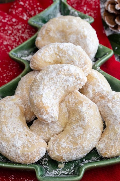 Almond Crescent Cookies - An Italian in my Kitchen Almond Crescent Cookies Recipes, Almond Crescent Cookies, Crescent Cookies, Greek Cookies, Italian Christmas Cookies, Delicious Christmas Cookies, Christmas Cookies Easy, Best Christmas Cookies, Cookie Calories