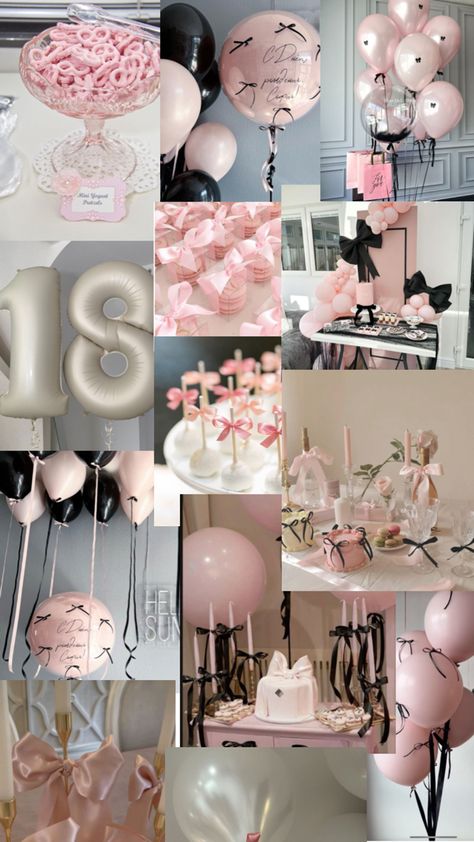 Birthday Theme Inspo Aesthetic, 14th Birthday Theme Ideas, 21st Birthday Pink Theme, Birthday 19th Ideas, Black Pink Birthday Party Ideas, 18th Birthday Party Themes Decoration, Pink Birthday Theme Decor, Pink Bow Birthday Party, 14th Birthday Party Ideas Themes