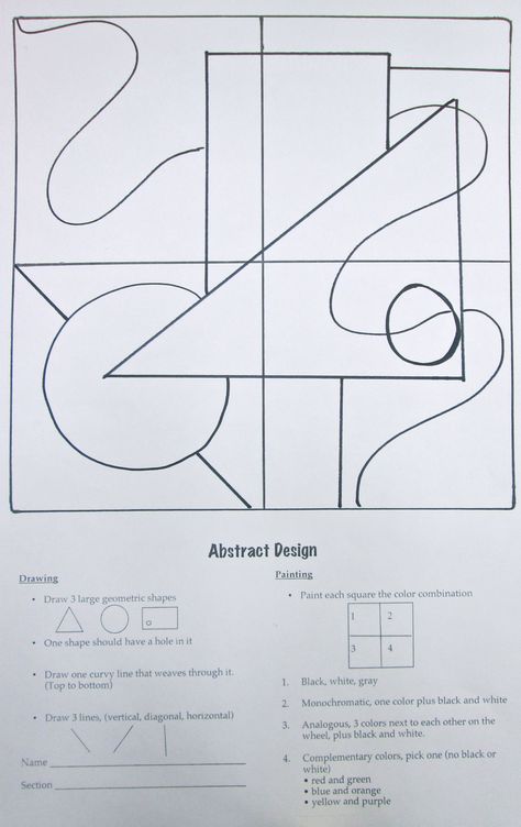 The 7th and 8th graders start out the trimester with a cubist color scheme project. They are given a square that is divided into 4. They are given directions to draw 3 large geometric shapes and 3 ... Non Objective Art Ideas, Non Objective Art, Elements Of Design Shape, Drawing Elements, Art Sub Plans, Art Handouts, 7th Grade Art, Shapes And Forms, 8th Grade Art