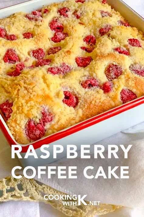 Raspberry Coffee Cake Served In A White Pan Raspberry Almond Coffee Cake, Almond Coffee Cake Recipes, Raspberry Coffee Cake, Raspberry Breakfast, Raspberry Coffee Cakes, Almond Coffee Cake, Almond Coffee, Raspberry Coffee, Blueberry Coffee Cake