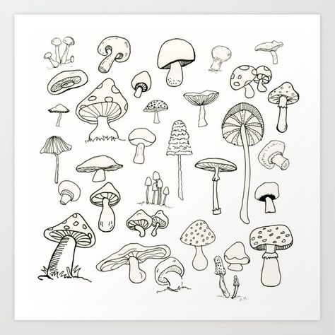 Simply Mushrooms Art Print by Annie Mason - X-Small Pola Tato, Mushroom Tattoos, Mushroom Drawing, Stick N Poke Tattoo, Poke Tattoo, Tattoo Flash Art, Tattoo Outline, Mushroom Art, Mini Drawings