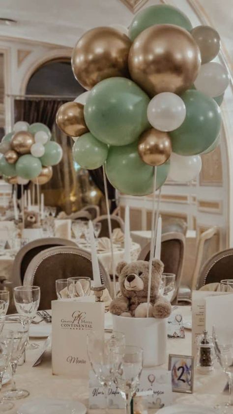 7 Boy Baby Shower Themes Trending This Year - One Sweet Nursery Green And Gold Decorations, Bear Centerpieces, Adventure Baby Shower Theme, Teddy Bear Centerpieces, Dinosaur Baby Shower Theme, Sage Green Baby Shower, Bear Baby Shower Theme, Idee Babyshower, Gold Decorations