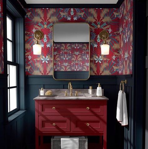 Graduate Collection on Instagram: “We love this beautiful bathroom scheme using our Leopard Luxe wallpaper in red by the lovely @beccawhodesigner 🐆❤️ ⠀⠀⠀⠀⠀⠀⠀⠀⠀ ⠀⠀⠀⠀⠀⠀⠀⠀⠀ The…” Red Wallpaper Powder Room, Dark Red Powder Room, Red Wallpaper Bathroom, Dark Red Bathroom Ideas, Maroon Bathroom Ideas, Deep Red Bathroom, Blue And Red Bathroom, Red Powder Room, Red Bathroom Vanity