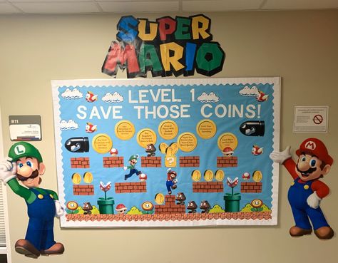 Have an eye-catching bulletin board on your floor! Mario Bulletin Board Ideas, Zelda Classroom Theme, Super Mario Bros Bulletin Board Ideas, Super Mario Bros Bulletin Board, Super Mario Bulletin Board Ideas, Mario Kart Bulletin Board, Level Up Bulletin Board Ideas, Super Mario Bulletin Board, Mario Bulletin Board