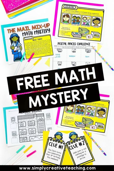 Make math fun and engaging for you first and 2nd grade students with this FREE math mystery! These math challenge activities are the perfect activity to practice math skills! As they solve each clue, they'll get one step closer to solving the mystery of The Mail Mix-Up. They'll use math skills including place value, word problems, money, and more! Get this FREE math mystery here! Place Value Word Problems, Bridges Math, Summer School Math, Challenge Activities, Make Math Fun, Printable Math Games, Math Mystery, 2nd Grade Activities, Math Problem Solving