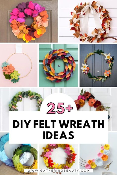 25+ DIY felt wreath ideas. Felt Flower Wreaths Spring, Felt Fall Wreath Diy, Spring Felt Wreath Diy, How To Make A Felt Wreath, Felt Advent Wreath, Felt Christmas Wreaths, Felt Wreath Ideas, Felt Leaves Wreath, Felt Autumn Wreath