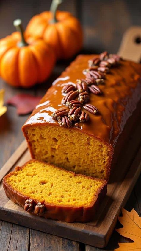 Pumpkin Bread With Maple Glaze and Pecans Maple Glazed Pumpkin Bread, Pumpkin Bread Glaze Recipe, Bread Glaze Recipe, Bread Glaze, Magical Food, Creamy Pudding, Loaf Cakes, Pumpkin Bread Recipe, Crunchy Pecans