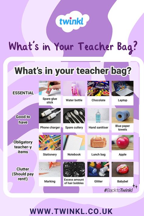 What's in Your Teacher Bag? Back to School Ideas Substitute Teacher Bag, School Backpack Essentials, Back To School Ideas, Substitute Teaching, Teacher Must Haves, School Bag Essentials, Teacher Bag, Backpack Essentials, Teacher Bags