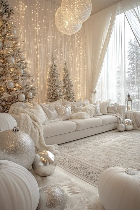 29 Christmas Party Decor Ideas for a Festive and Cozy Celebration Snow Ball Party Theme, White Christmas Aesthetic Decor, Snow Themed Party Decorations, White Christmas Theme Party, Elegant Christmas Decor Ideas For Living Room, White Christmas Decorations Elegant, Over The Top Christmas Decor, White Christmas Living Room Decor, White Silver Christmas Decor