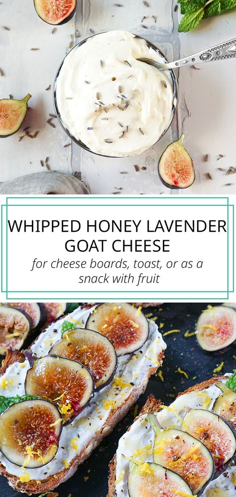 Honey Lavender Whipped Goat Cheese is perfect for slathering on toast and a fun addition to any cheese board. Whipped goat cheese is so quick and easy to make, and one of my favorite snacks! #whippedgoatcheese #goatcheese #cheeseboard Fig Toast, Cheese Toast Recipe, Lavender Festival, Whipped Honey, Whipped Goat Cheese, Friends Recipes, Lavender Recipes, Honey Lavender, Culinary Lavender