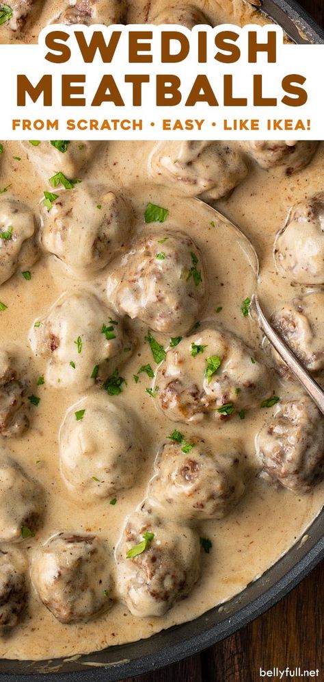 Homemade Swedish Meatballs coated in a simple, but rich gravy sauce that is completely luscious! This from scratch recipe is so easy and even better than the ones you get at IKEA! Serve over mashed potatoes, rice, or egg noodles. Classic comfort food and a great dinner the entire family will ask for again and again! Classic Swedish Meatballs, Ikea Meatball Sauce Gravy, Sweden Meatballs Recipe, Sweden Meatballs, Swedish Meatballs With Egg Noodles, Meatball Gravy Recipe, Sweetish Meatballs Recipe, Meatballs Over Rice, Homemade Swedish Meatballs