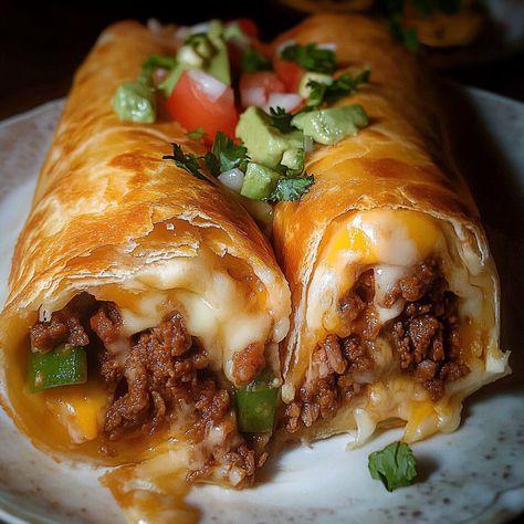 Beef and Cheese Chimichanga Beef And Cheese Chimichangas Air Fryer, Keto Mexican Chimichangas, Beef And Bean Chimichanga, Beef Tortilla Recipes, Ground Beef Chimichanga Recipe, Chimichanga Recipe Beef, Keto Chimichangas, Breakfast Chimichanga, Ground Beef Chimichangas