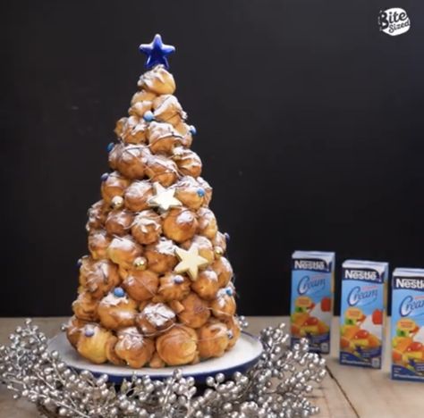 Cream Puff Trees #caramel #christmas #creampuffs #creamy #dessert #festive #holiday #nestlé #vanilla Cream Puff Christmas Tree, Cream Puff Tree, Christmas Cream Puffs, Cream Puff Dough, Caramel Christmas, Cream Puffs Easy, Christmas Tree Desserts, Creme Puff, Prepared Eggs