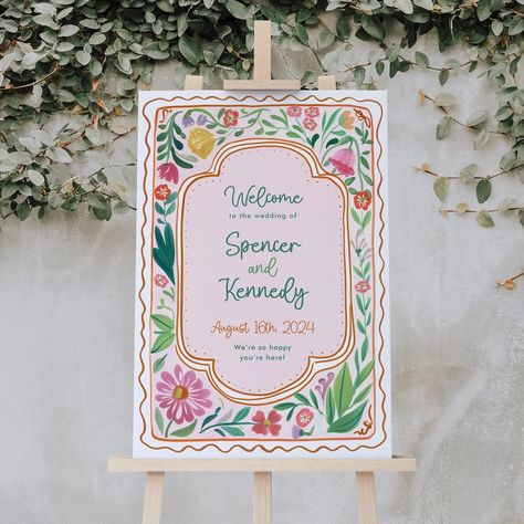 Colorful Floral Spring Welcome Sign, Colorful Flowers Sign, Editable Template, Instant Download, Wedding Welcome Sign, Garden Flowers, DAGNY by ForeverPrintDesign on Etsy Vibrant Pastel Wedding, Cricut Wedding Welcome Sign, Colorful Invitation Suite, Simple Garden Party Wedding, Floral Wedding Design, Hand Painted Wedding Welcome Sign, Whimsical Wedding Welcome Sign, Funky Wedding Theme, Colorful Wedding Signs