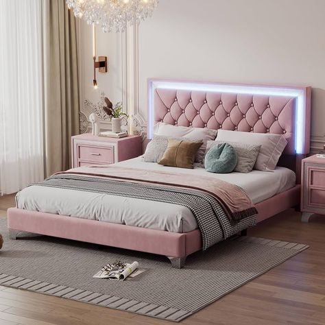 Amazon.com: BEDGJH Upholstered Full Size Bed Frame with LED Lights, Modern Velvet Platform Bed with Tufted Headboard, Perfect for Kids Teens Girls & Boys Bedroom,No Box Spring Needed/Easy Assembly (Pink, Full) : Home & Kitchen Girly Bed, Upholstered Platform Bed Queen, Bed Frame With Led Lights, Platform Bed Queen, Bed Queen Size, Velvet Platform Bed, Full Size Bed Frame, Bed Queen, Queen Size Bed Frames