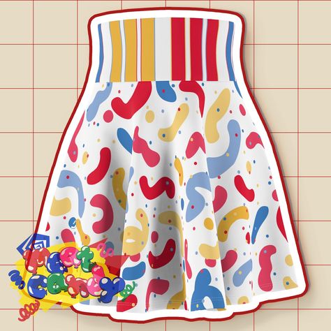 Super cute clowncore style primary color confetti skater skirt - a white above the knee skirt featuring an all over pattern of red, blue, and yellow confetti and small polka dots. The wide waistband has stripes in white and the same bright primary colors. Perfect for fans of clowncore, kidcore, Memphis style design, and bright bold patterns in general! Size chart in images Measurements may vary up to 1" due to manufacturing Colors may appear different in person, especially for bright and saturated colors If there is an error in printing or you received the wrong size, please contact me as soon as possible! 95% Polyester 5% Spandex Printed care label (no itchy tags!) Clowncore Kidcore, Memphis Style Design, Weirdcore Outfits, Kidcore Clothes, Kidcore Outfit, Memphis Design Pattern, Yellow Confetti, Silly Clothes, Funky Shirts