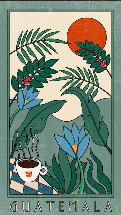 An abstract design of a jungle with a coffee cup titling "illy". Guatemala Aesthetic Art, Guatemala Drawings, Coffee Illustration Artworks, Illustration Art Coffee, Guatemala Poster, Coffee Art Illustration, Coffee Illustration Art, Coffee Mural, George Greaves