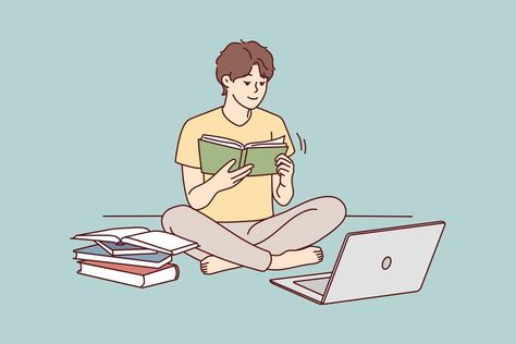 Guy sit on floor study on compute read textbooks prepare for exam. Focused male student enjoy books reading use computer for school preparation. Vector illustration. Work Cartoons, School Preparation, Books Reading, Art Reference Poses, Vector Graphics, Vector Art, Art Reference, Books To Read, Vector Illustration