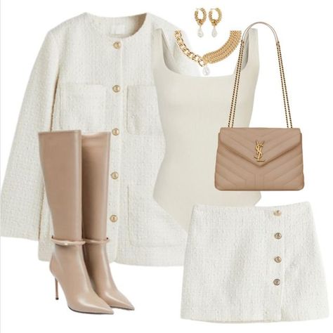 Beige Outfit Ideas Classy, Boots And Dress Outfit Winter, Jimmychoo Bag, White Jacket Outfit, Beige Outfits, White Outfit Ideas, Winter White Outfit, Bag Ysl, White Fits