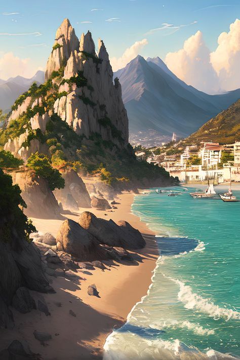 Fantasy Beach Town, Beach Fantasy Art, Beach Concept Art, Beach Illustration Art, Mountains And Beach, Beach Digital Art, Fantasy Beach, Beach Mountain, Iphone Wallpaper Landscape