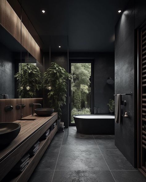 Black Stone Modern Bathroom Double Vanity Black Walls Dark Modern Bathroom, Dark Modern House, Zen Bathroom Design, Modern Black Bathroom, Dark Bathroom Ideas, Bathroom Design Black, Dark Bathrooms, Zen Bathroom, Dark Modern