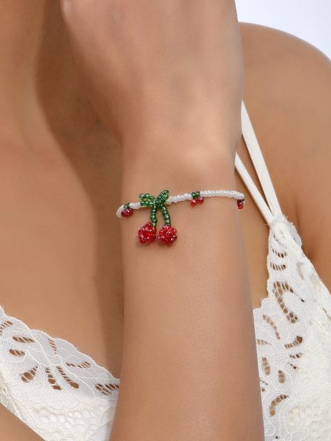 Beaded Cherry Bracelet, Cherry Beaded Bracelet, Cherry Bead Bracelet, Cherry Accessories, Cherry Bracelet, Beaded Cherry, Cherry Decor, Fruit Beads, Shein Jewelry