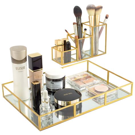 PRICES MAY VARY. 🌟【Versatile Vanity Set】: This elegant set includes a unique 3-graduated-compartment makeup brush holder and a large gold decorative vanity tray, creating a comprehensive perfume and makeup organizer for your vanity or bathroom 💎【Stylish and Elegant】: Show off elegance with our gold vanity set. Both pieces exude a vintage appeal that seamlessly complements any decor, making them chic additions to your vanity or bathroom, serving as both a makeup and jewelry organizer. 💄【Stream Pink Vanity Decor, Vanity Tray Decor, Gold Vanity, Pink Vanity, Perfume Display, Gold Tray, Perfume Organization, Makeup Holder, Makeup Brush Organization