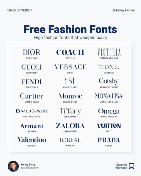 Vogue Font Canva, Fashion Designer Name Ideas, List Of Designer Brands, Fonts For Luxury Brands, Fashion Brand Typography, Elegant Words Classy, Fonts Clothing Brand, Luxury Brand Typography, Boujee Fonts