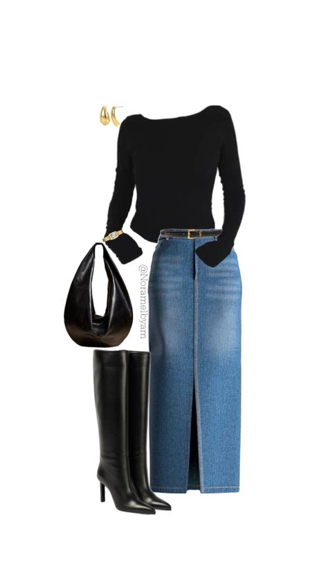 Ib: @ _joannagraziano on insta❤️ this must be my new favorite I’ve done😍 even tho it’s so simple, but that’s what’s making it #chic #effortless #fallfashion #kneehighboots #trending #beauty #minimal Maxi Skirt Outfit Ideas, Denim Maxi Skirt Outfit, Glamouröse Outfits, Mode Kylie Jenner, Skandinavian Fashion, Denim Maxi, Kaia Gerber, Denim Maxi Skirt, Mode Ootd