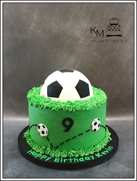 Soccer Ball Cake Soccer First Birthday Cake, 2 Tier Soccer Cake, 6th Birthday Cakes Boys, Soccer Cake Design, Soccer Cakes Ideas, Soccer Cake Diy, Soccer Theme Cake Ideas, Soccer Cake Easy, Simple Soccer Cake