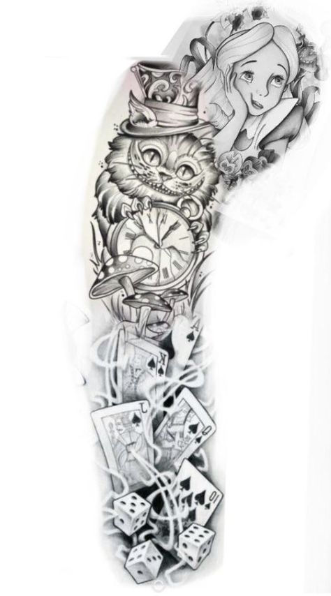 Alice In Wonderland Tattoo Sleeve, Tattoos For Women Sleeve, Tattoo Avant Bras, Disney Sleeve Tattoos, Alice And Wonderland Tattoos, Arm Sleeve Tattoos For Women, Full Leg Tattoos, Wonderland Tattoo, Tattoos For Women Half Sleeve