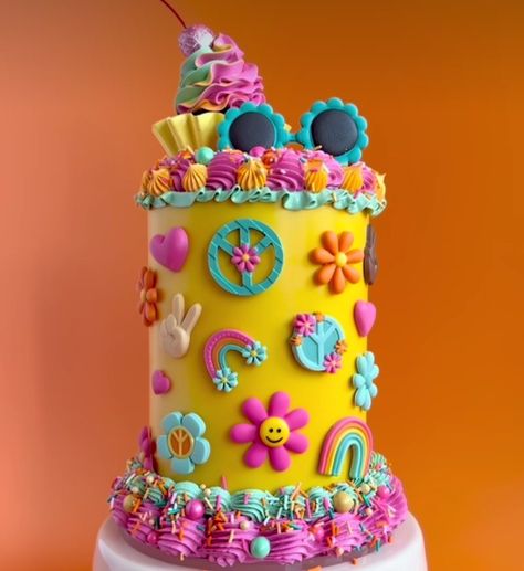 Diy Groovy Cake, Birthday Cake Groovy, Fourever Groovy Birthday Party Cake, Birthday Cake For Girls Kids Cute, Groovy Cookie Cake, 5 Is A Vibe Birthday Cake, Groovy Cake Pops, Retro Cake Ideas, Hippie Cake Ideas