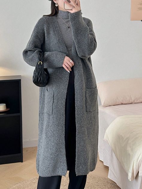 Grey Casual Collar Long Sleeve Knitted Fabric Plain  Embellished Slight Stretch  Women Clothing Outfits With Grey Cardigan, Long Grey Cardigan, Cardigan Outfit, Girls Snow Boots, Ankle Socks Women, Cardigan Outfits, Grey Cardigan, Oversized Cardigan, Knit Tees