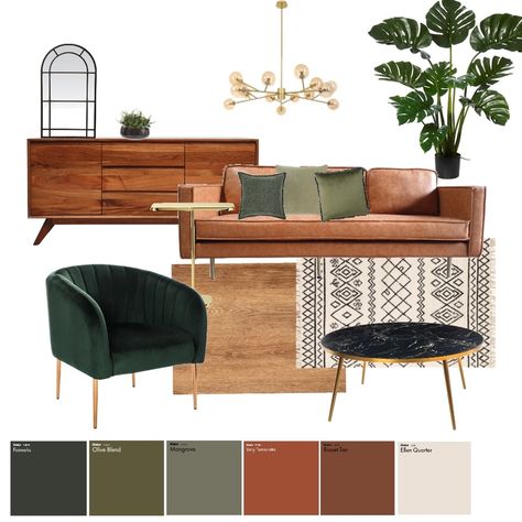 How To Mood Board Interior Design, Brown Moodboard Interior Design, Oak Style Living Room, Style Board Interior Design, Terracotta Cushions Living Rooms, Mid Century Living Room Mood Board, Interior Decorating Mood Board, Mood Board House Design, Decor Mood Boards Interior Design