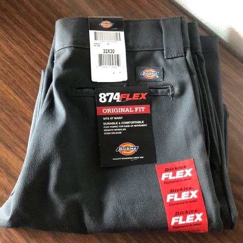 New With Tags- Dickies 874 Flex Pants In Dark Grey. 32x30 White Painters Pants, Dickies Painter Pants, Black Khaki Pants, Dickie Work Pants, Dickie Jeans, Straight Leg Khakis, Dickies 874, Fake Life, Mens Work Pants